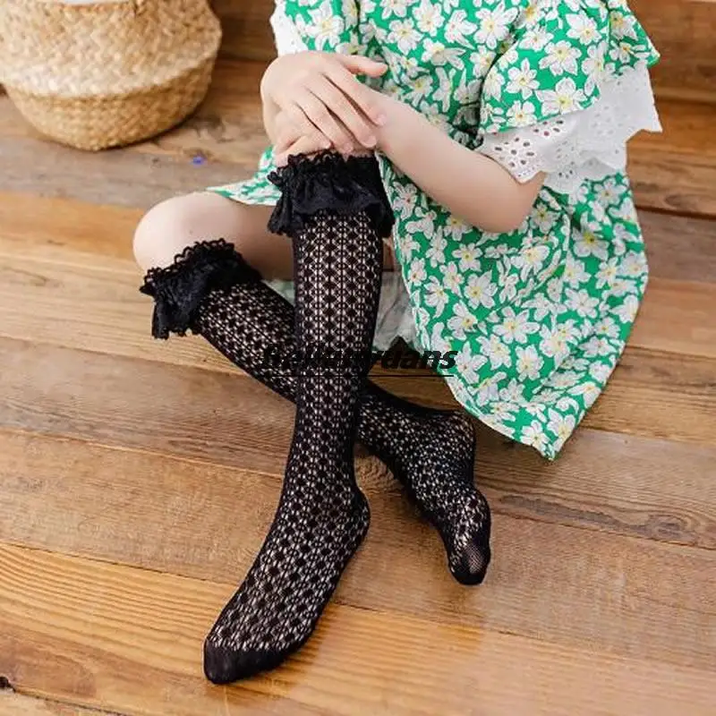 

New thin summer houndstooth mesh children's lace stockings girls white princess socks pile sock