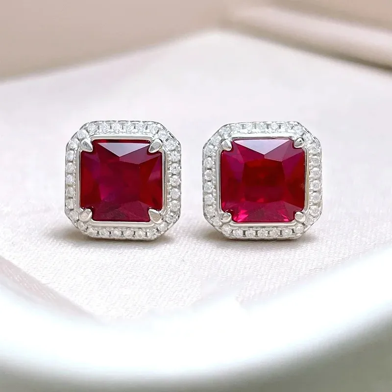 Pigeon Blood Red Ear Studs Fashion Daily Simulation Ruby  Accessories Sterling Silver Anti allergic   Sweet Square Di