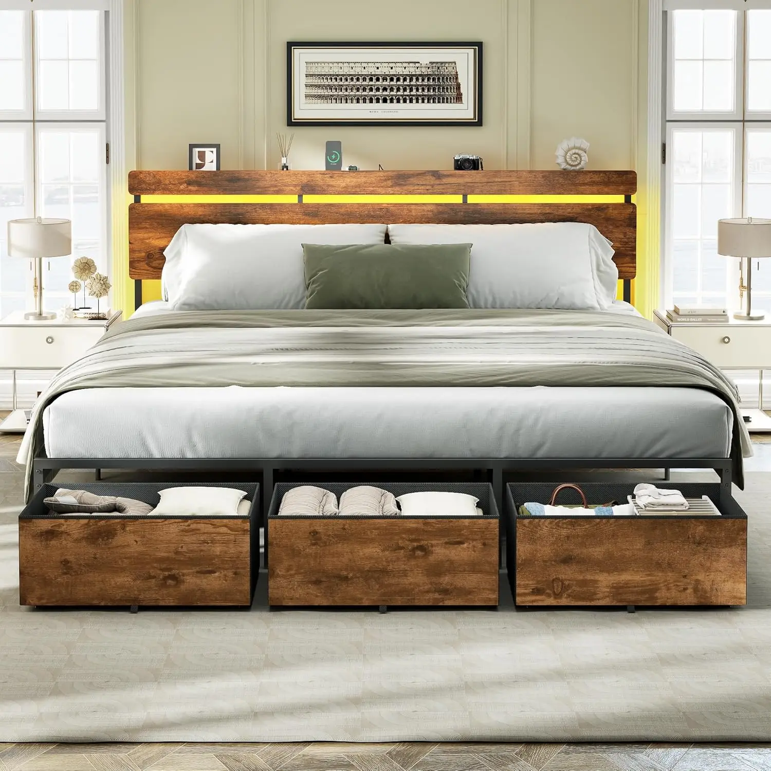 King Size Bed Frame With Wood Headboard, Metal Platform Bed With 3 Storage Drawers & Shelf, Built-in Charging, Customized