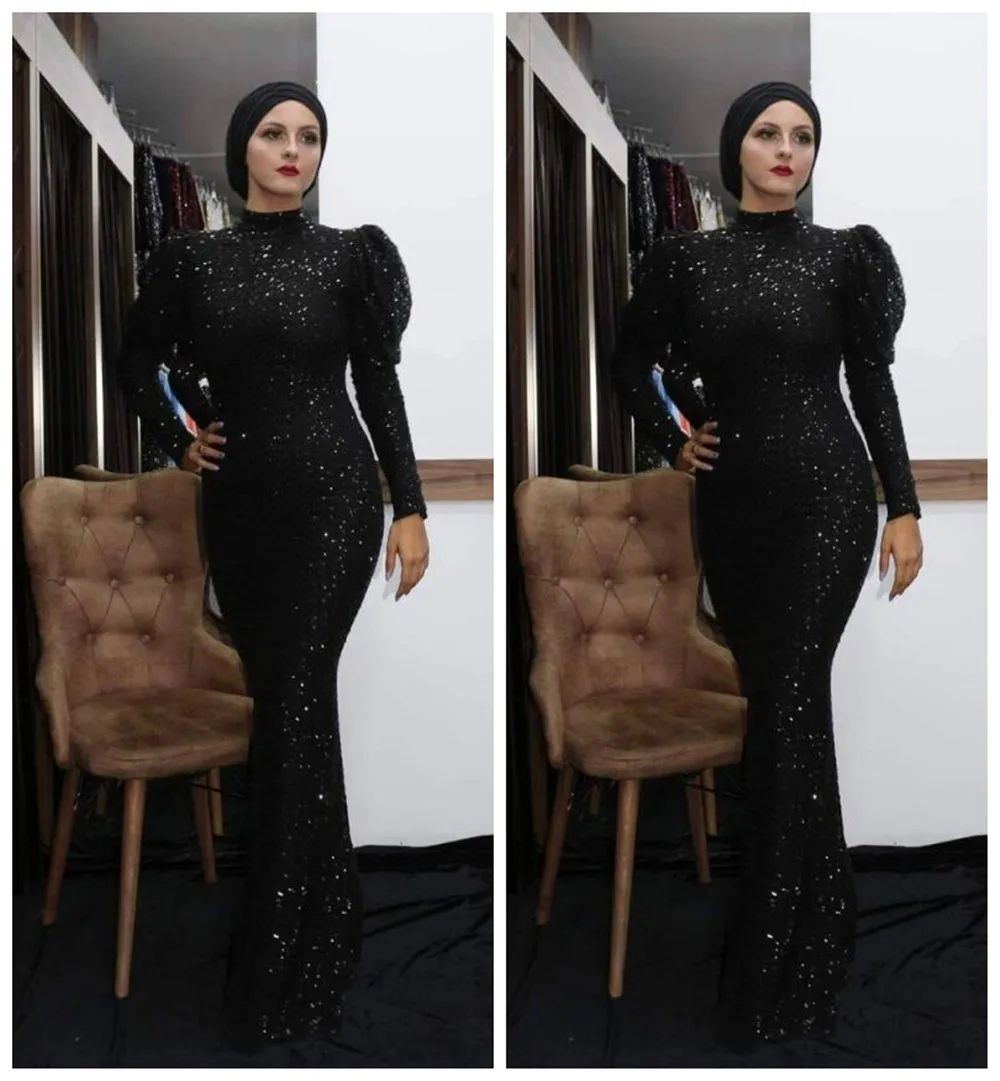 Sexy Black Squins Muslim Mermaid Evening Dresses High Neck Long Sleeves 2023 Women Formal Night Party Gowns Wedding Party Robe