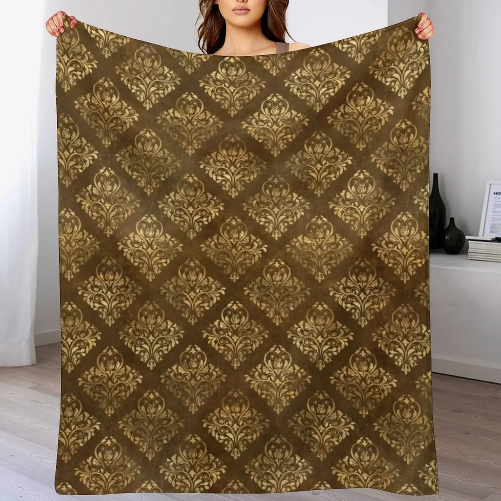 

Gold damask on a brown background Throw Blanket Travel Multi-Purpose Bed Blankets