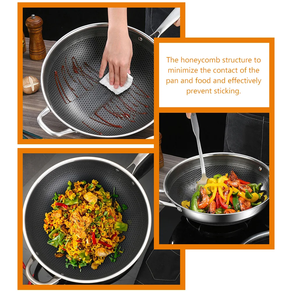 

Stainless Steel Honeycomb Wok Double Handles No Coating Non Stick Frying Pan Kitchen Accessory Gas Induction Stove Heavy Duty