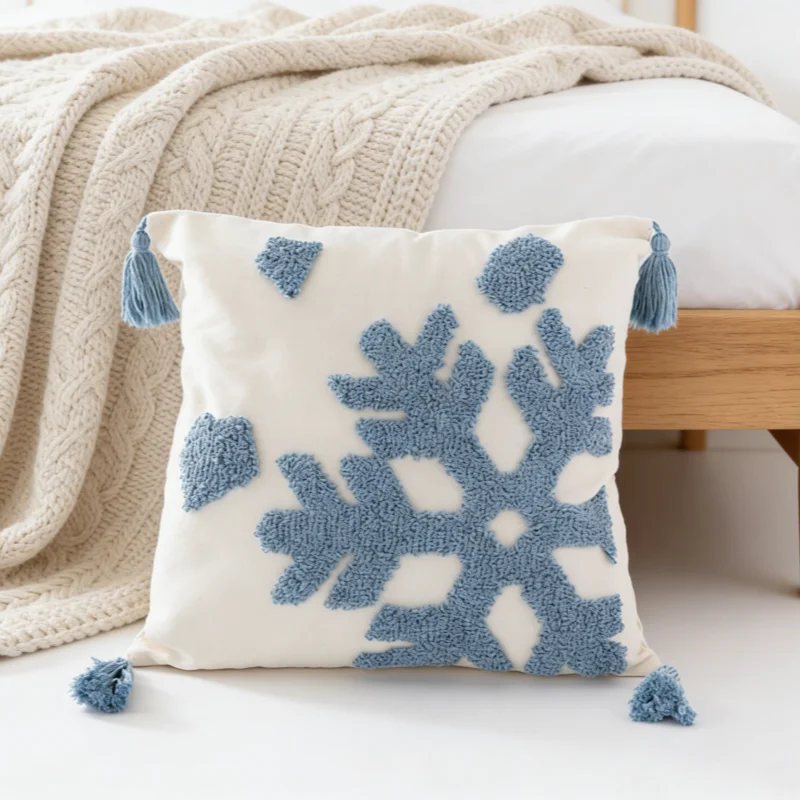 

Blue Snowflake Tufted Cushion Cover Bohemian Tassel Pillow Covers Decorative Light Luxury Cushion Cover Home Decor