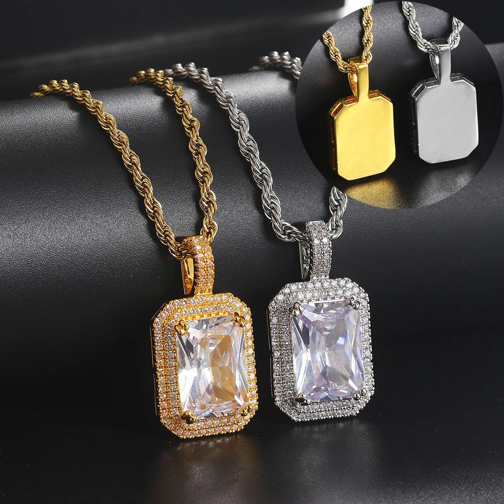 Gold Color Iced Out Pendants Necklaces For Women Hip Hop Square Zircon Man Necklace Stainless Steel Chain Hippie Jewelry OS140
