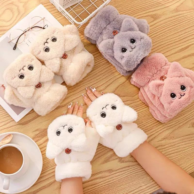 Women Winter Plush Cat Mittens Fingerless Gloves Plush Warm Glove Winter Soft Thick Gloves for Women Girl Flexible Half Finger