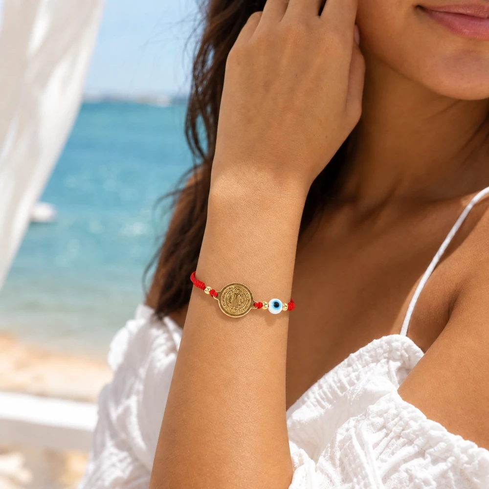 1pc Catholic Red Cotton Cord Strand Bracelet with Round Copper Medallion Blue Eye Bead Adjustable Lace-Up Closure