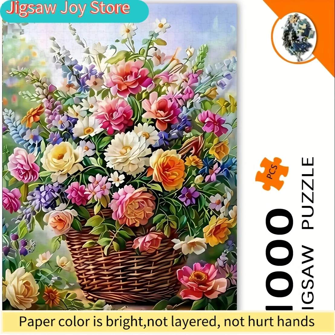 1000pcs Floral Basket puzzle for - White Base with Multicolor Flowers, Portable DIY Art Craft, Challenging Brain Teaser & Deco