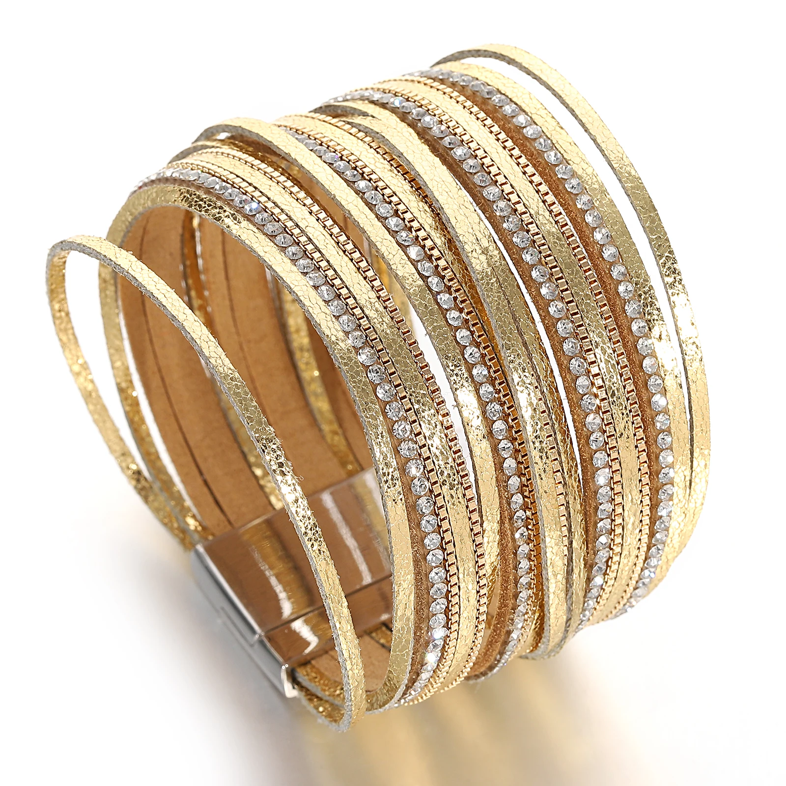 Mode Glänzendes Leder Armband für Frauen Männer Boho Luxus Multilayer Strass Kette Wrap Chunky Armreif Armbänder Charme Schmuck