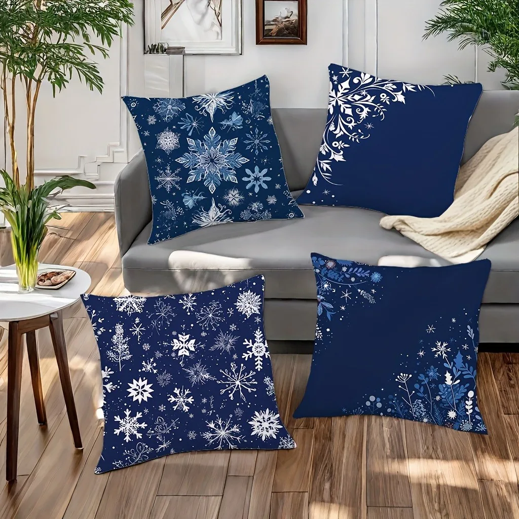 Snowflake Theme Throw Pillow Cover Christmas Decoration Blue and White Polyester Fabric Home Decor Pillow Cover