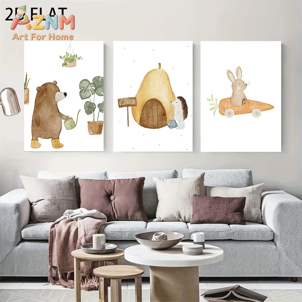 AZNM Watercolor Woodland Animal Canvas Wall Art, Cute Bear Hedgehog Rabbit Pear House Tropical Leaf Boho Neutral Style Sweet Nur