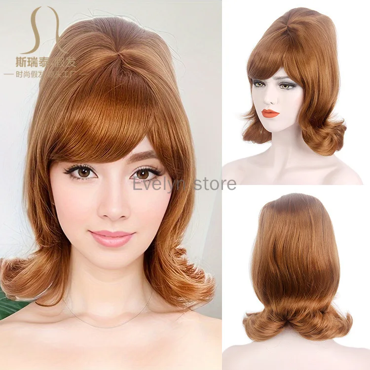 4-color 1960s 1970s Women's Long Hair Classical Wig Retro Wig Slanted Bangs Carnikalen Headband