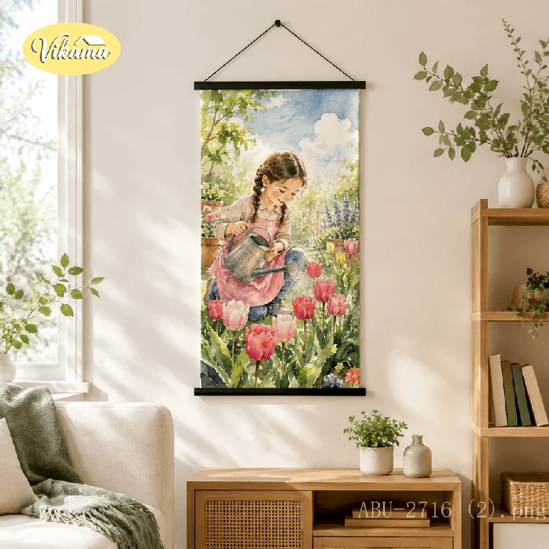VIKAMA Watercolor Canvas Wall Art Girl Watering Tulips Garden Spring Floral Kids Room Nursery Wall Art Decor