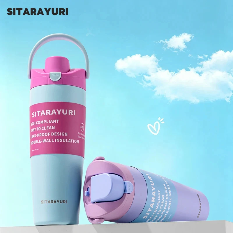 Bouteille isotherme en acier inoxydable SITARAYURI 900ML avec double paille, tasse thermos anti-fuite pour sports de plein air et voiture, chaud et froid