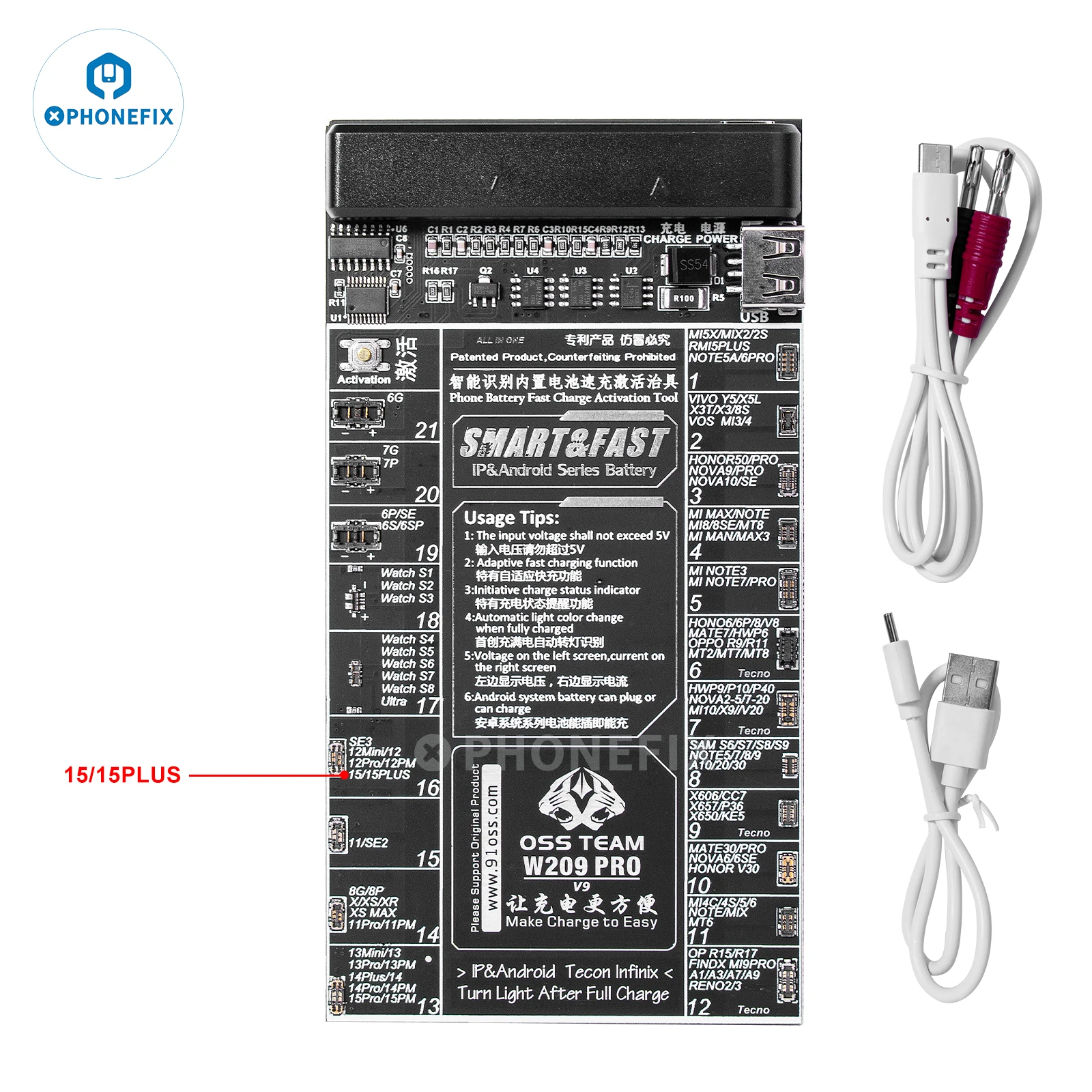 W209 Pro V9 Battery Quick Charging Activation Board Test Fixture for iPhone 5 -15ProMax for Samsung Android Circuit Board Tester