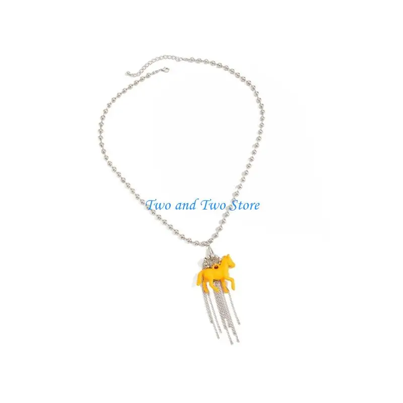 

HX6F Playful Horse Pendant Necklace With Elegant Tassels Detail Great Gift For Her Round Bead Neck Chain Jewelry