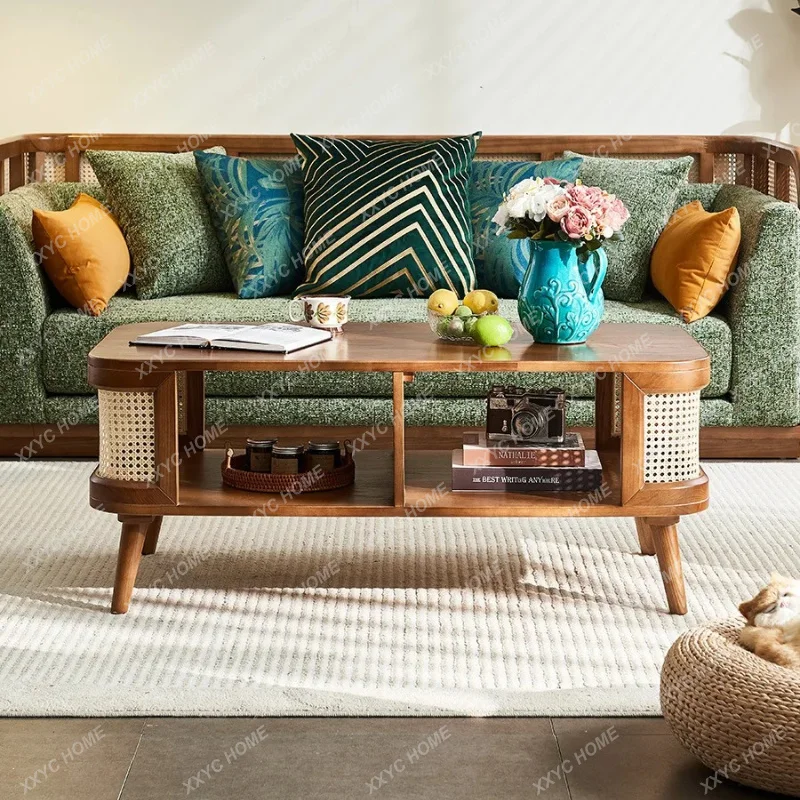 XXsolid wood rattan coffee table square living room small apartment modern simple bed and breakfast hotel with storage space