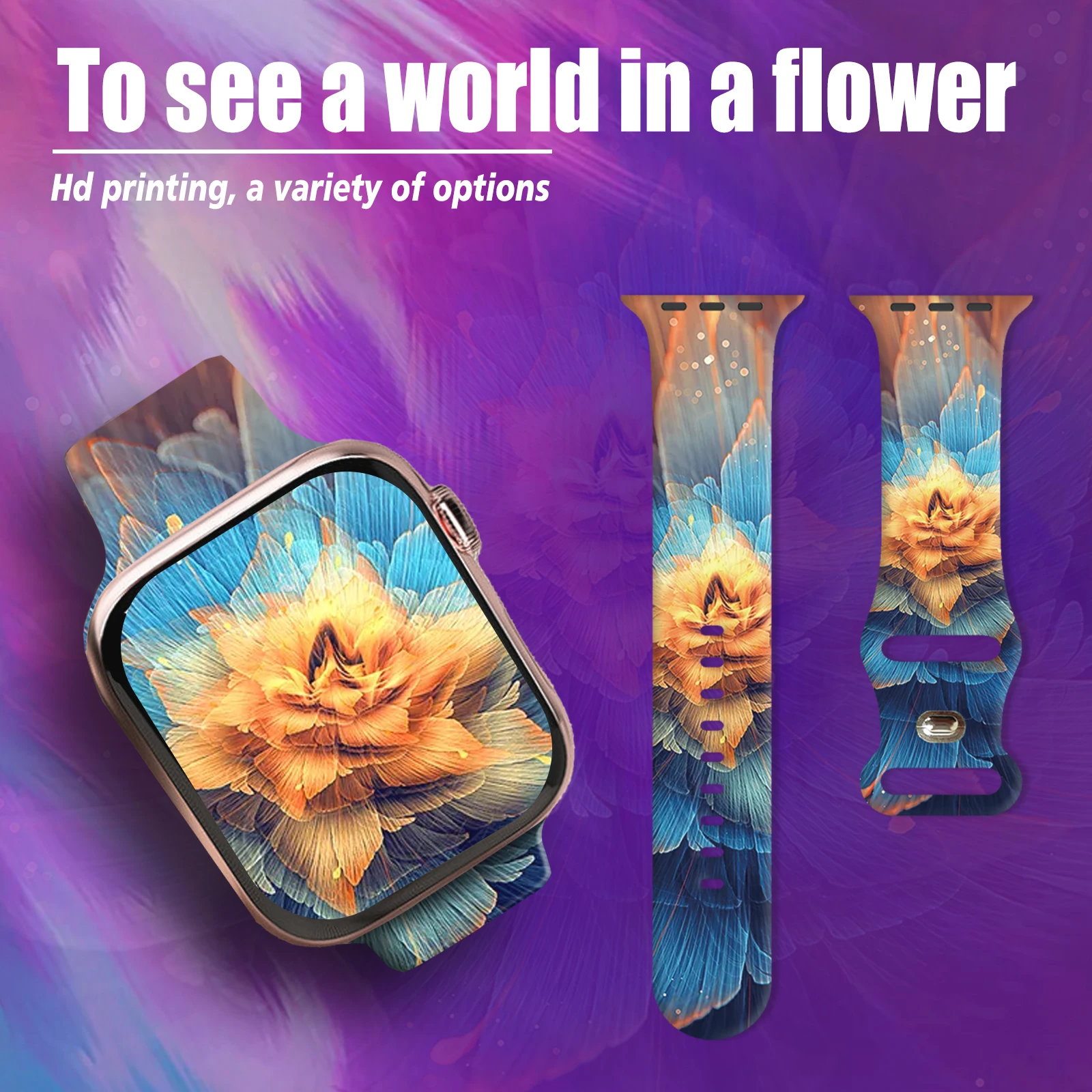 حزام ساعة مطبوع من سلسلة Floral Universe لساعة Apple 11/10/9/8/7/SE، حزام سيليكون بديل ناعم مقاوم للماء 46/45/44/42 ملم