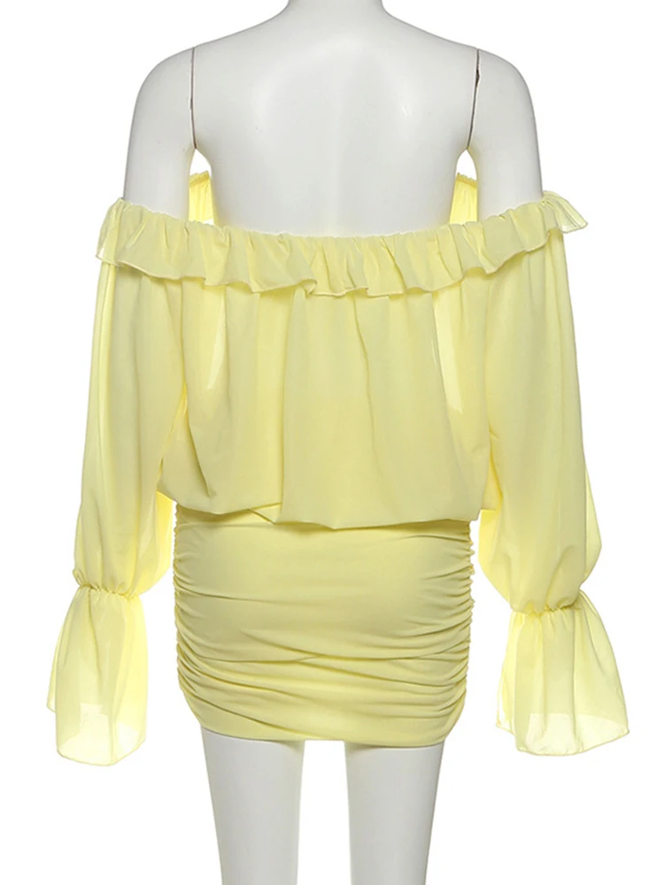 Oniflyme Flare Sleeve Off Shoulder Mini Dress Women Sexy Ruffles Slash Neck Hollow Out Backless Bodycon Robes Slim Party Dresses