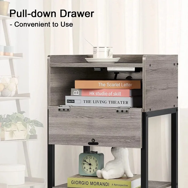 Wood Side Tablewith Charging Station   Storage Drawer,Nightstand with Charging Station End Table with Drawers. Gray