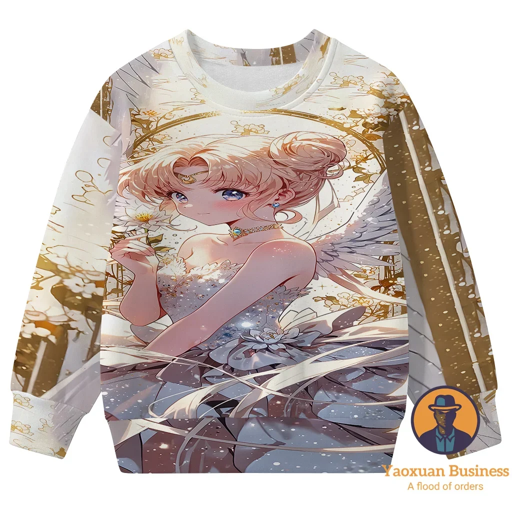 

Новое поступление 2024 года, детский свитшот с круглым вырезом с 3D мультяшным принтом «Сейлор Мун», милый теплый ветрозащитный красивый Autu