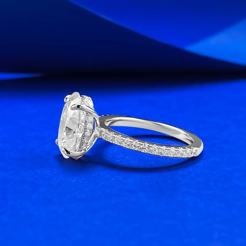 New S925 Sterling Silver Classic Four Claw 8 * 12mm Oval Moissani D-color Ring with Half Circle Inlaid Light Luxury Wedding Gift