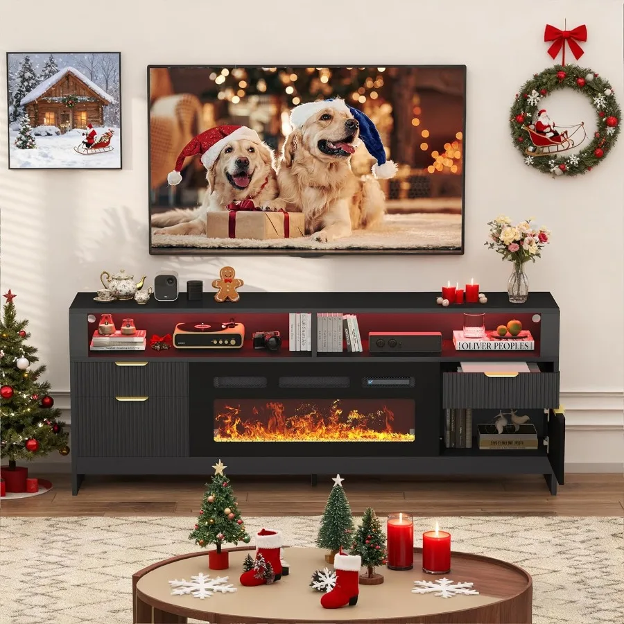 Suporte de TV com 70 lareiras com 36 lareiras elétricas em preto Armário de console de TV moderno com luzes LED para sala de estar Entrada de mídia