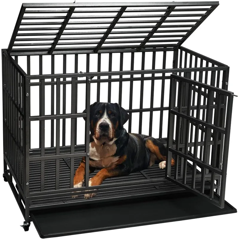 Heavy Duty Dog Kennel Crate Cage for Large Dog Breeds,Pet Playpen Metal Frame Removable Tray,Double Doors Four Lockable Wheels