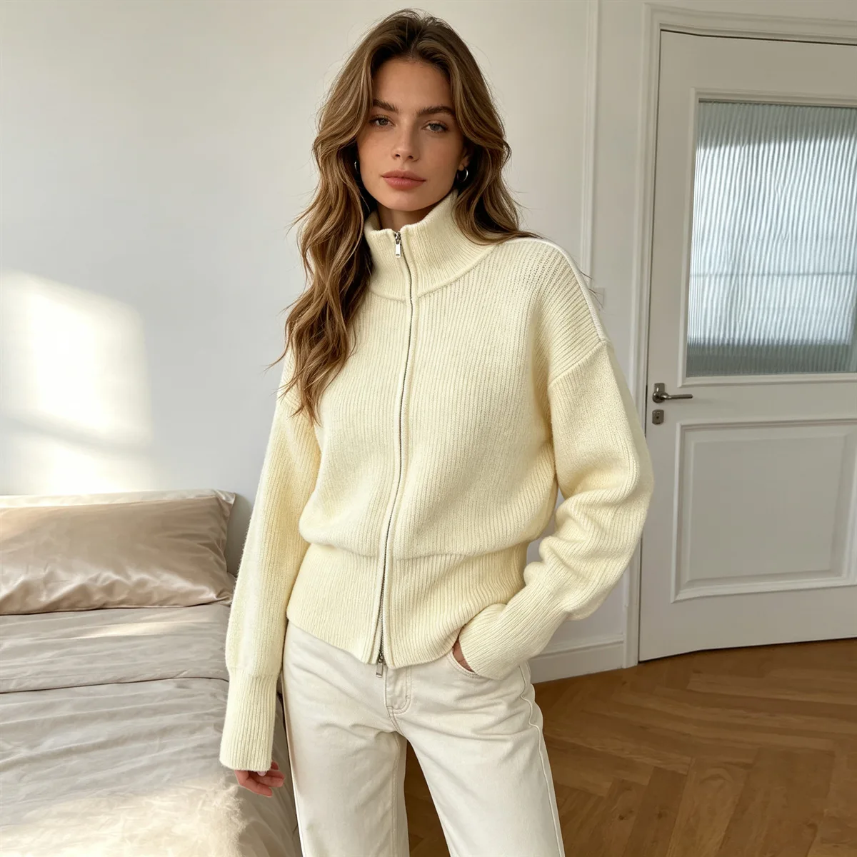 Double Zippers Stand Collar Knit Cardigan Women Simple Loose Solid Long Sleeve Soft Sweater Temperament Commuter Versatile Coat