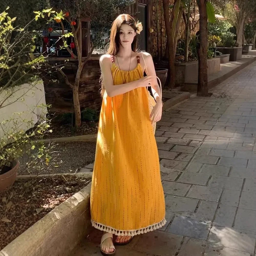 

Yellow Striped Spaghetti Strap Maxi Dress Bohemian Loose A-Line Summer Women's Sleeveless Floor Length Dress