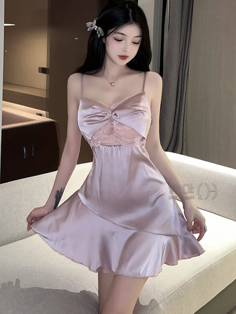 

mini Goddess Fairy Dress sweet tops Fantasy Ice Silk Female Girl Sweet Spicy Bow Tie Sling Dress elegant S384