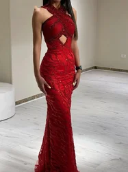 Oisslec Sexy Neckholder Red Mermaid Prom Kleider Lange Ärmel Abendkleider Perlen Pailletten Reißverschluss Frauen Formale Party Kleider