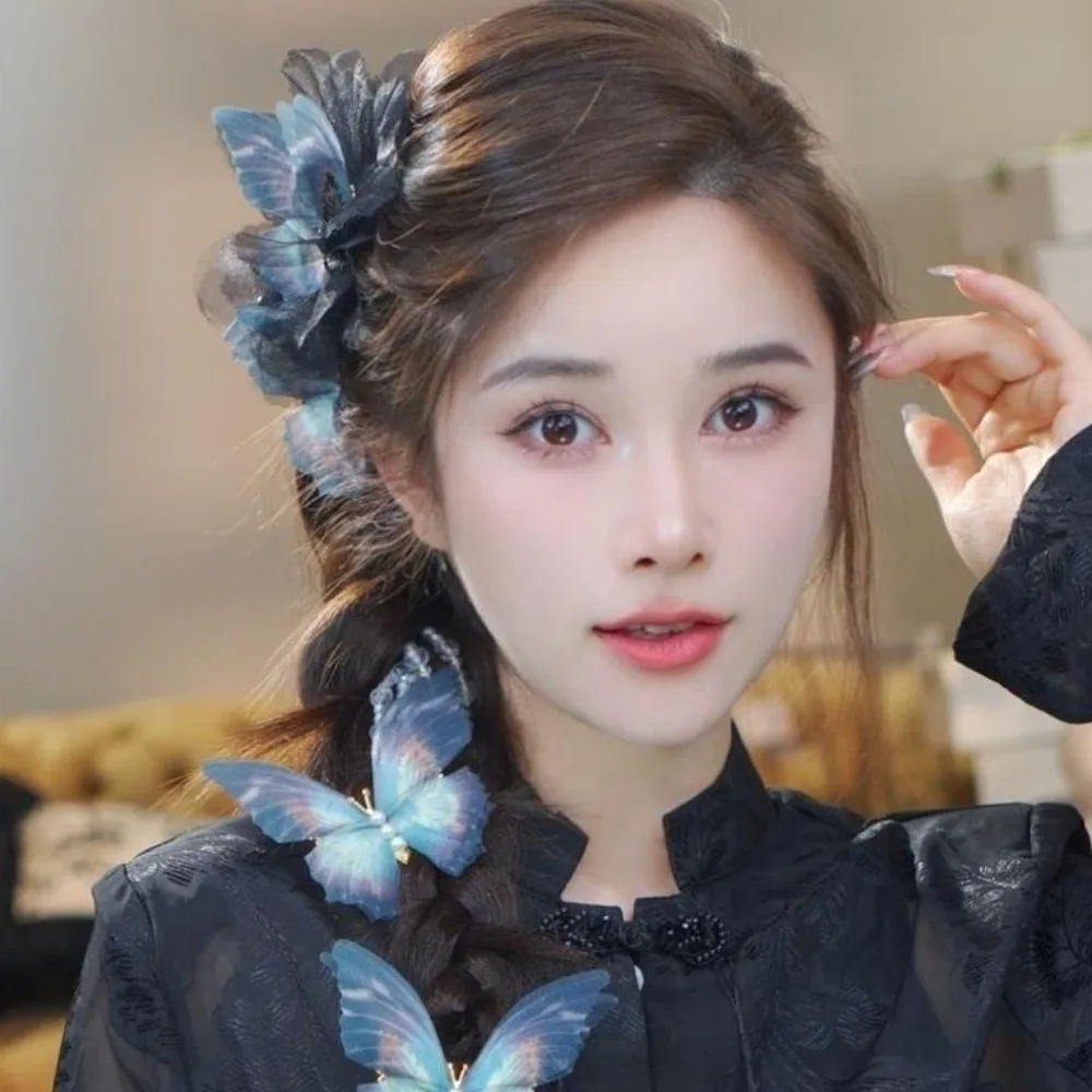 Elegant Butterfly Tassel Hair Claw Clips Large Size Beads Moonlight Tulle Shark Clips Black Blue Plastic Ancient Style Hairgrips