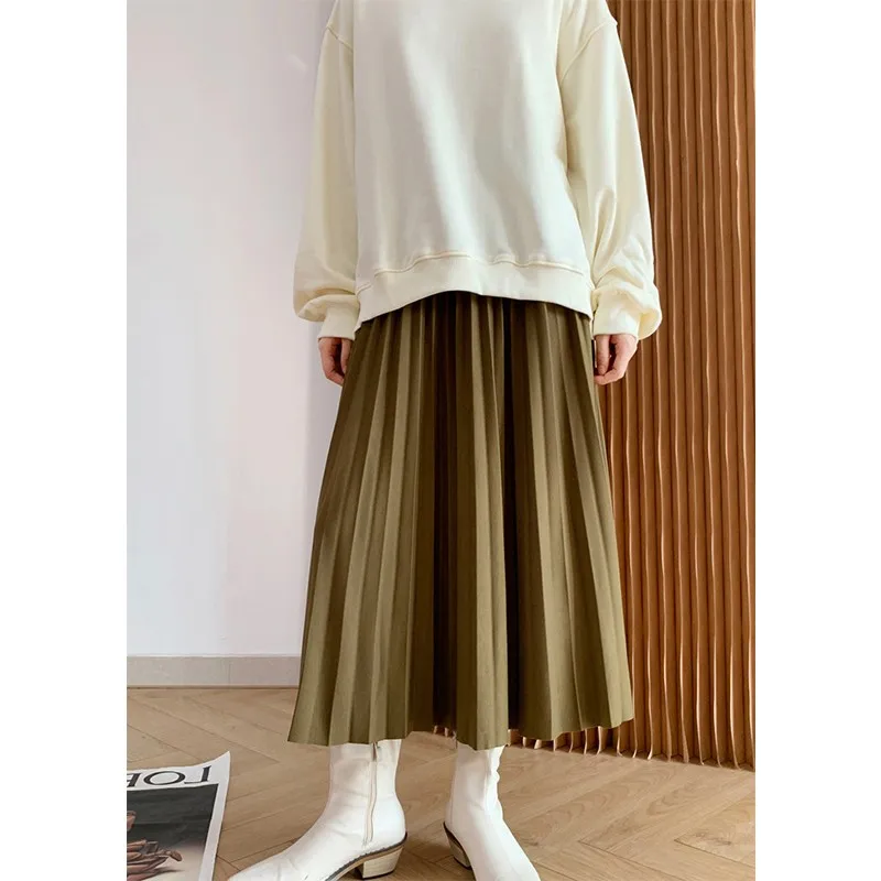 2023 Women Elegant Pleated Skirt High Waist Women Mid-long Skirt Female Ladies High Quality Women Midi Skirt Black Saia