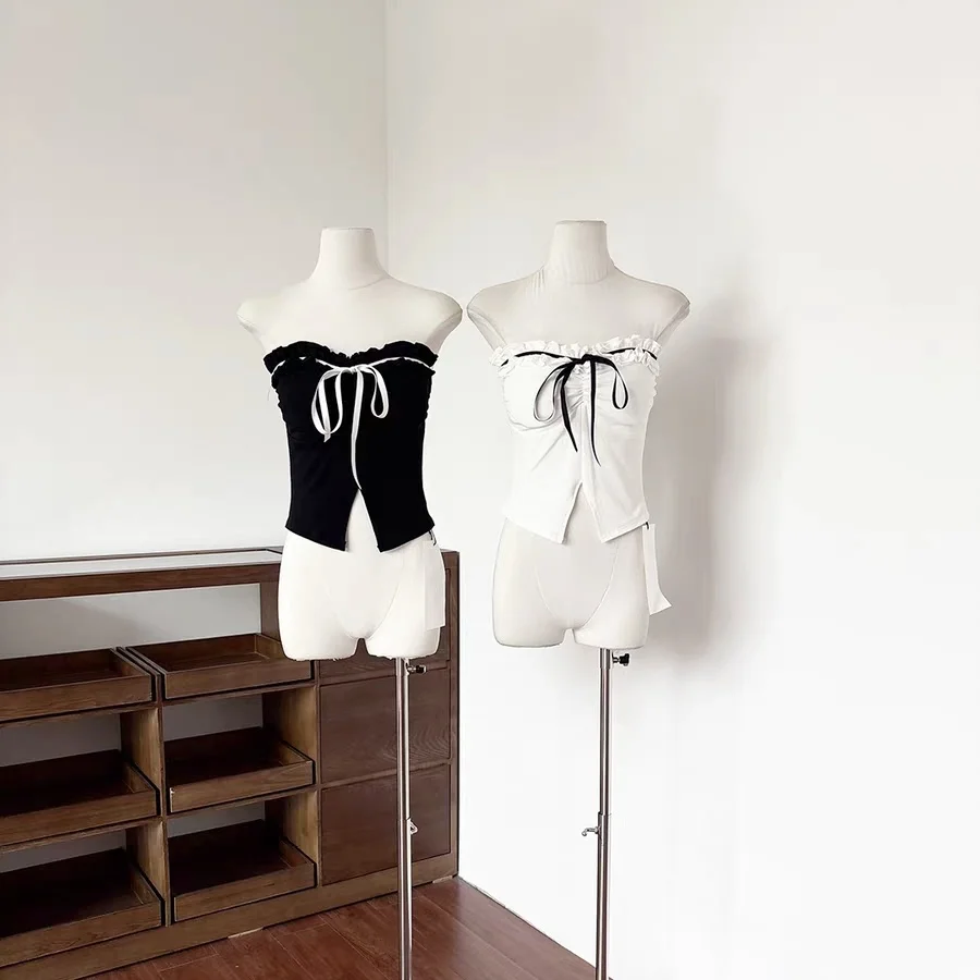 Summer New Style Spicy Girl Pleated Splice Wooden Ear One Shoulder Vest Women's Slimming Fixed Belt Chest Pad Versatile