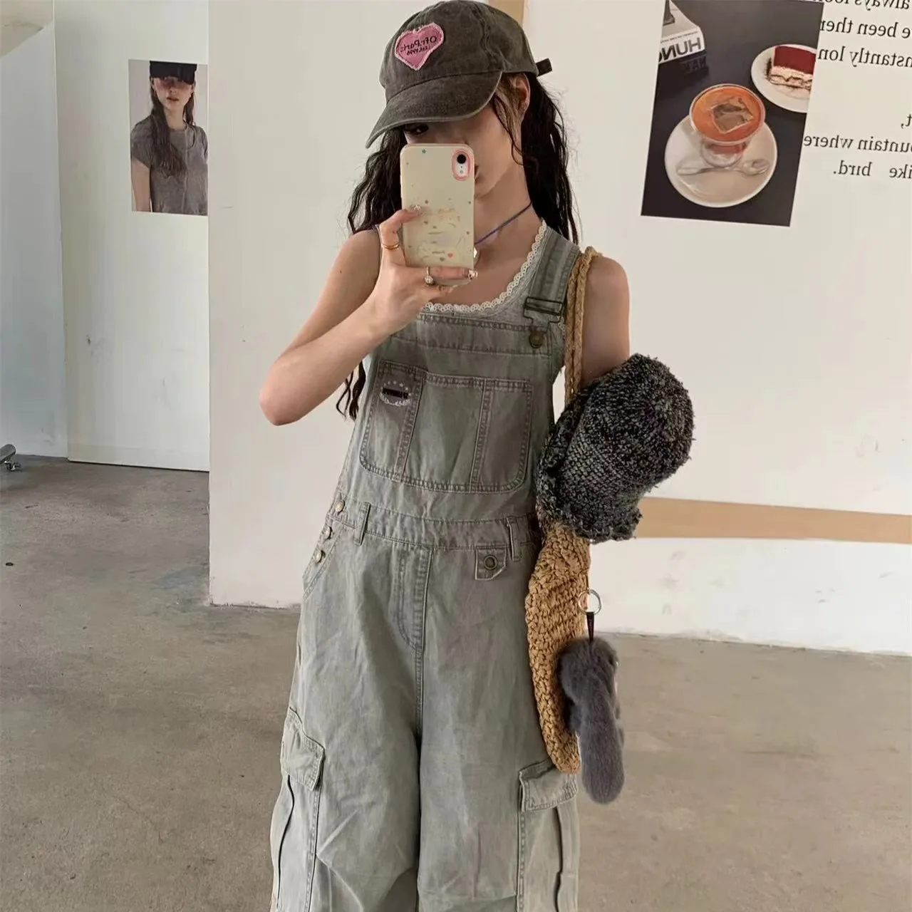 

Retro American Washed Workwear Wide Leg Pocket Pants Women's 2026 New Design Trendy High Waist Loose Fit Cotton Blend