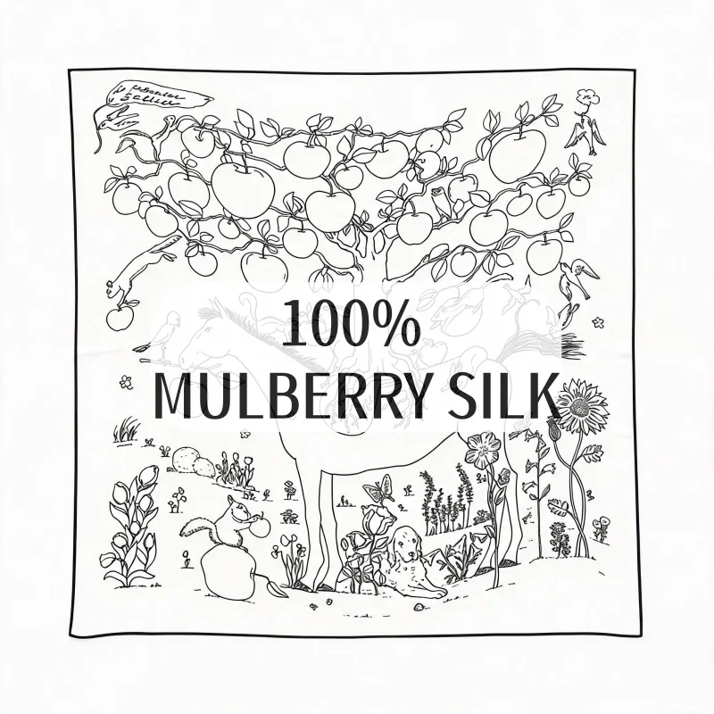 100-mulberry-silk-70cm-black-line-sketch-apple-tree-horse-animal-square-scarf-white-base-thin-black-border-bandana-travel-gift