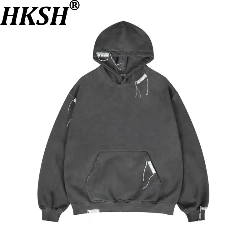 

HKSH Autumn Winter New Men American Style Washed Vintage Fleece-Lined Hooded Sweatshirt Trend Frayed Edge Design Hoodies HK18251
