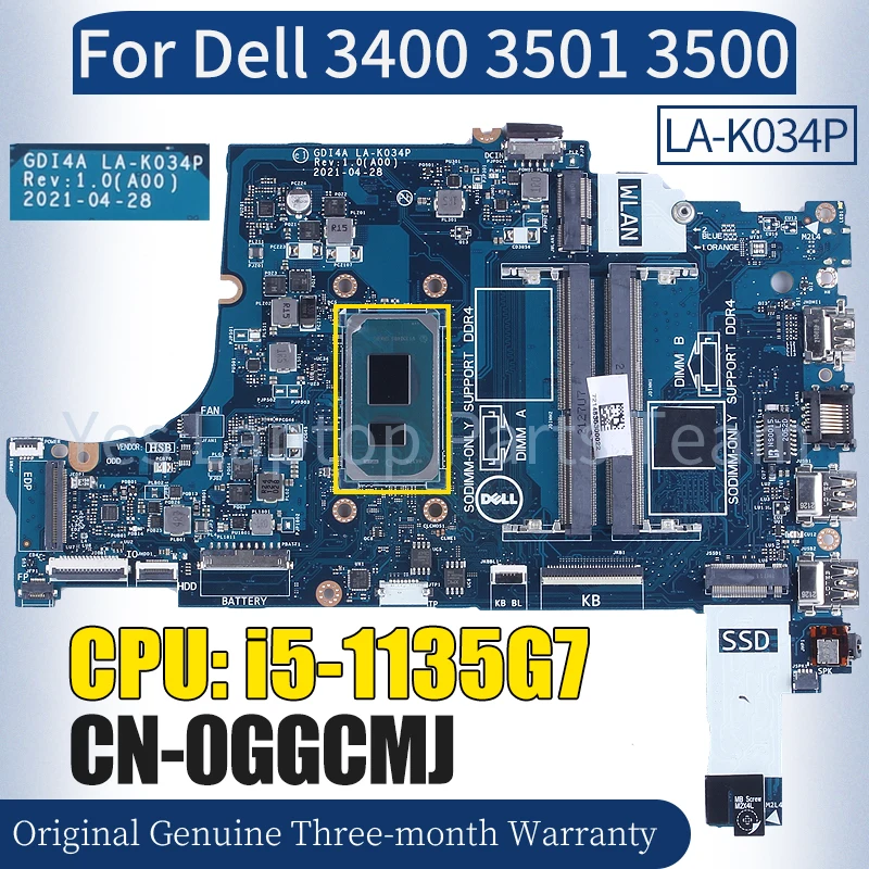 GDI4A LA-K034P For Dell 3400 3501 3500 Laptop Mainboard CN-0GGCMJ SRK05 i5-1135G7 100％ Tested Notebook Motherboard