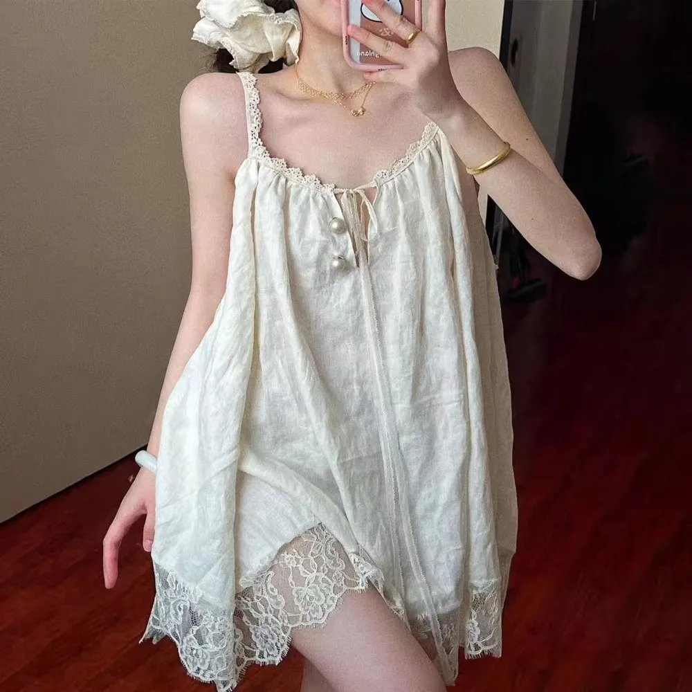 French Style Lace Trim Lace Camisole Dress Suspenders Bow Detail Nightgown Loose Fit Night Skirts Homewear - view 2