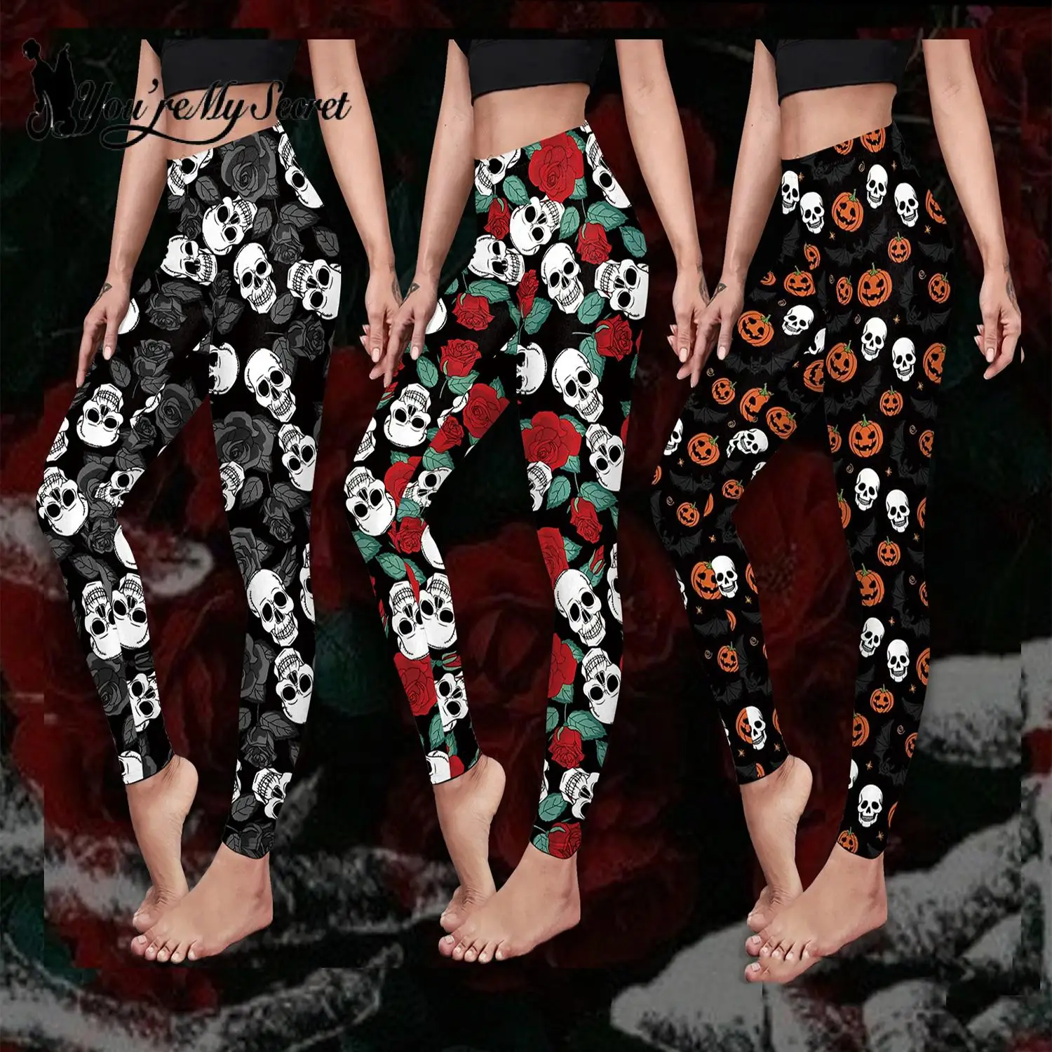 

[You're My Secret] Sexy Funny Pattern 3D Skeleton Rose Print Women High Waist Fashion Slim Fitness Elastic Halloween Leggings