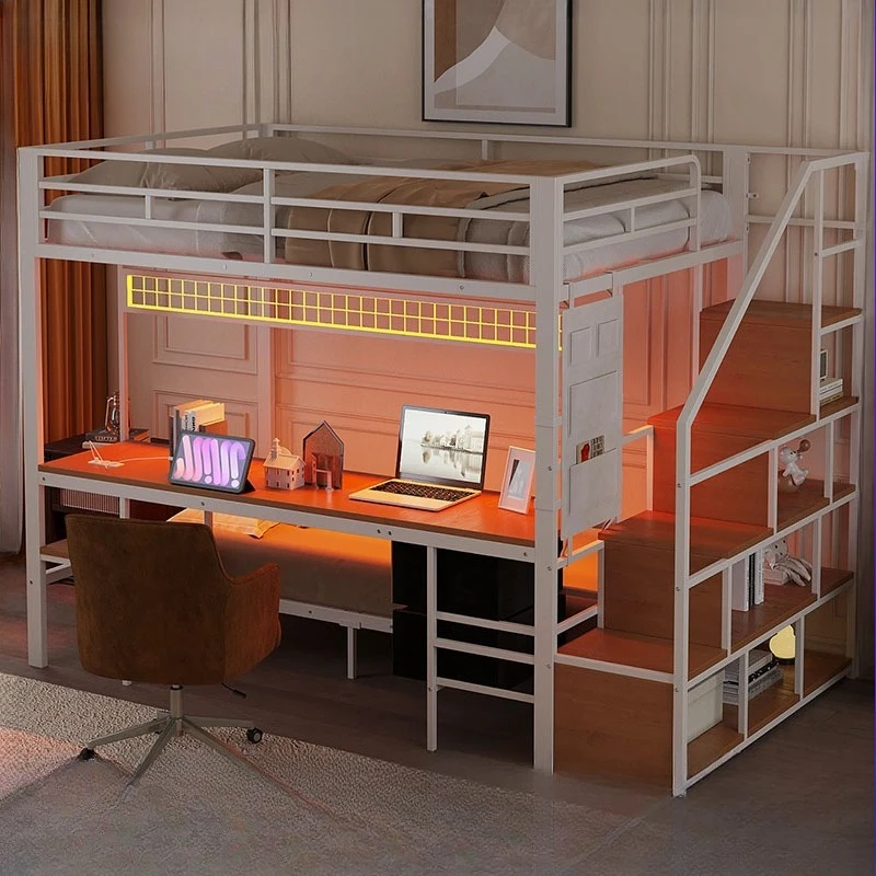 Household Full Size Bed Under Table With Stairs Integrated Bedroom Double Metal Bed