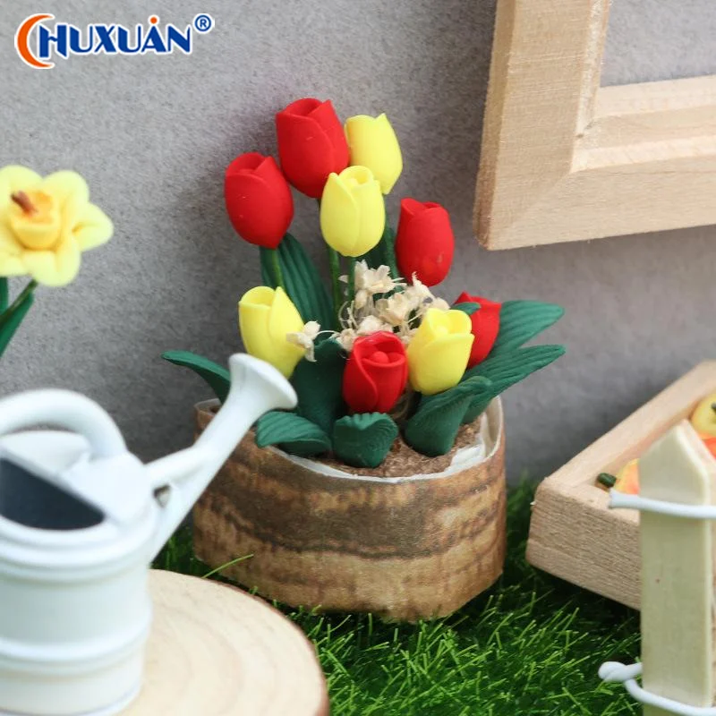 

[Q]Miniature Potted Plant 1:12 Dollhouse Tulip Potted Plant Ornament Mini Garden Decor Simulation Flower Model Desktop Decor