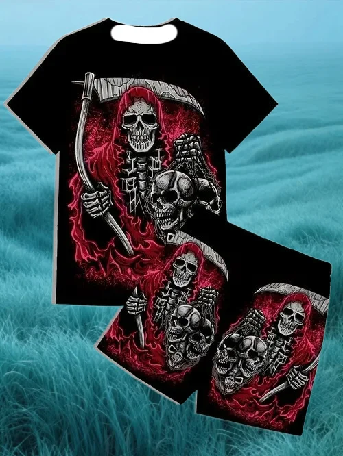 

Новейший популярный комплект футболок 2025 года, 3D стиль отпуска, череп, различные элементы, модный уличный мужской комплект, летний топ, шорты, дышащие