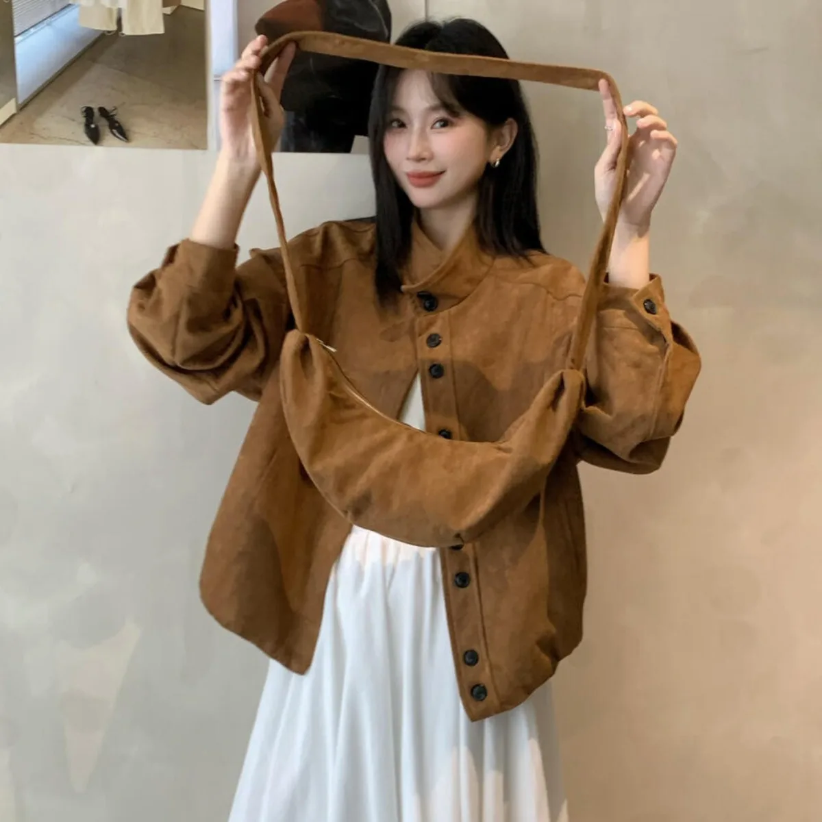 Retro Loose Deer Skin Velvet Baseball Jacket Stylish Motorcycle Coat with Bag Ladies Fashion Short Outerwear Long Sleeve