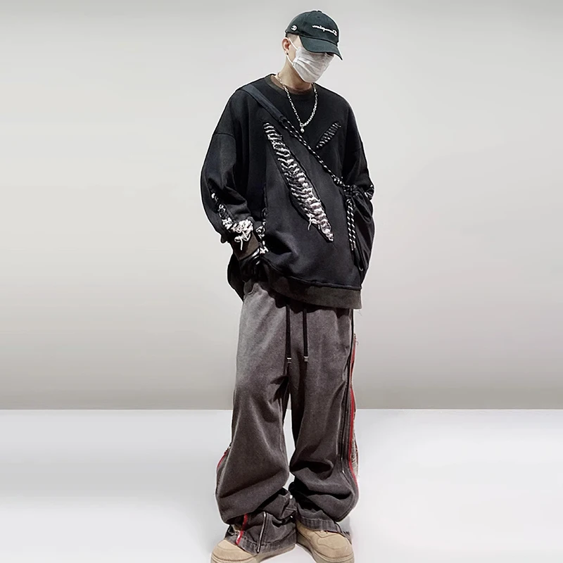 LUZHEN 2025 남성용 긴 소매 티셔츠, 찢어진 구멍, 타이 염색 디자인, 루즈 맨투맨, 패션 스트리트웨어, LZ8493, 신제품