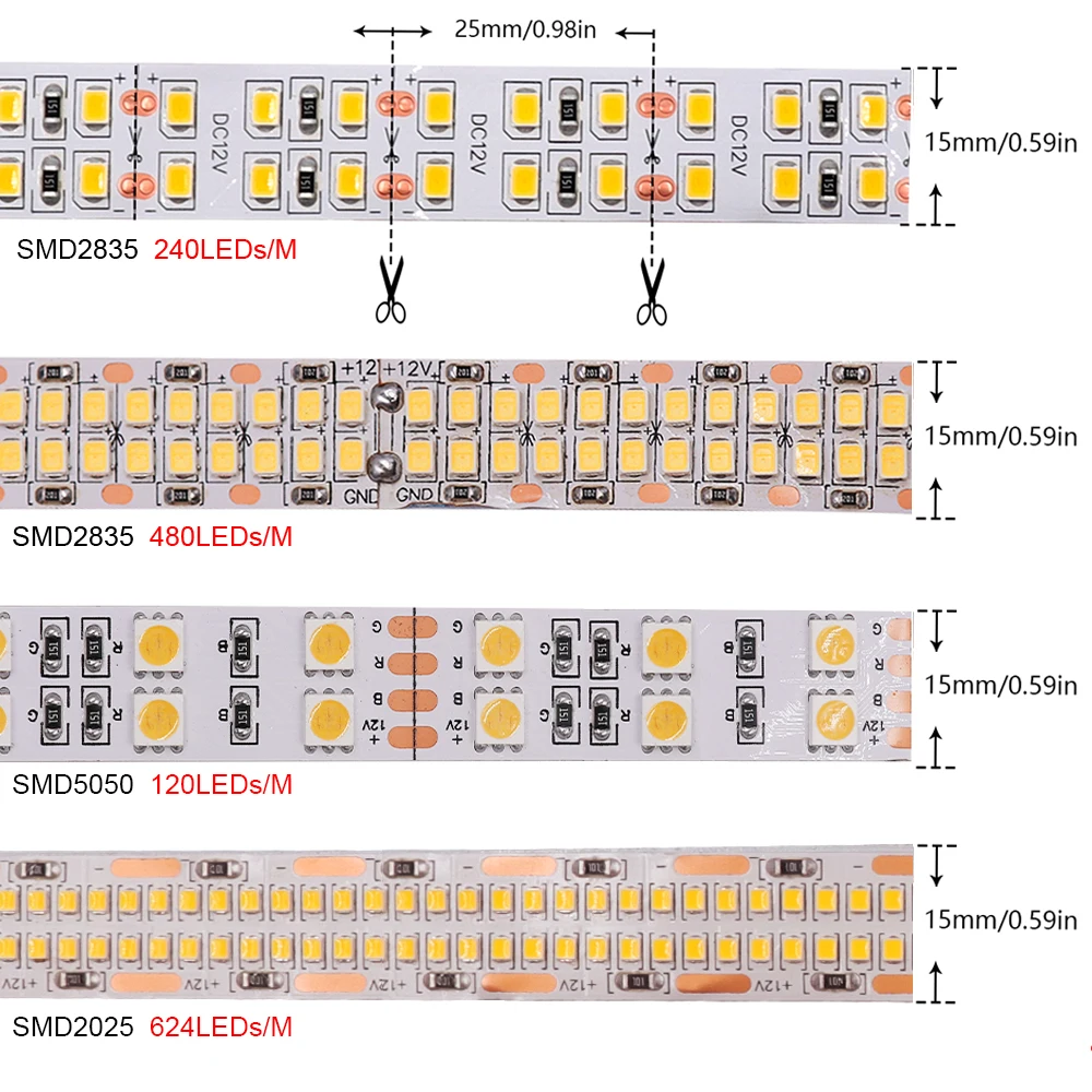 Super Bright LED Strip Light 12V 24V 5M SMD 2835 5050 2025 Double Row 240LED 120Led 480LED 624LED Flexible LED Pixel Ribbon Tape