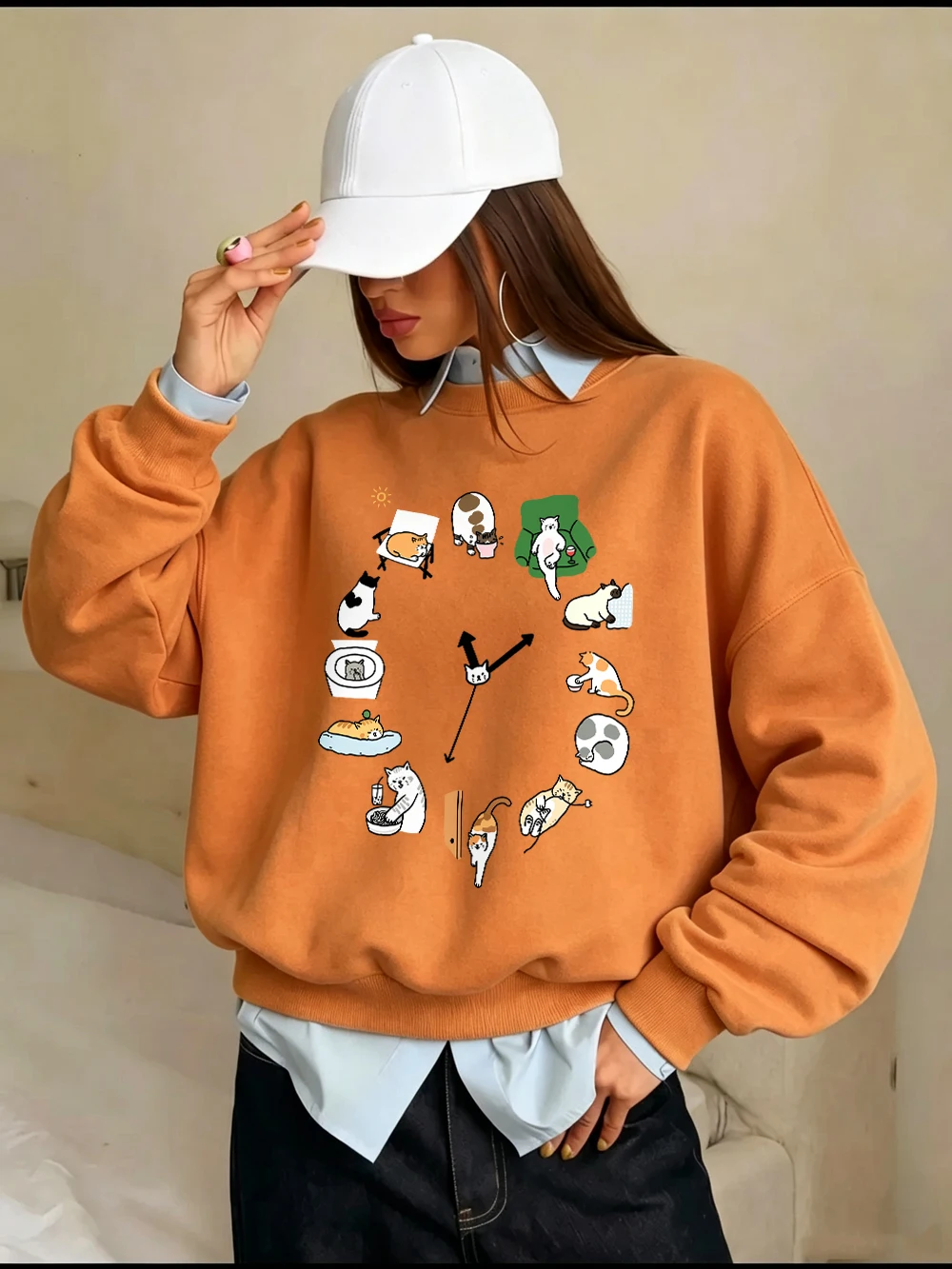 Cute Cat Alarm Clock Prints Sweatshirts Womens Loose Basics Hoodies Fleece Warm Crewneck Clothes Winter Casual Womans Pullover
