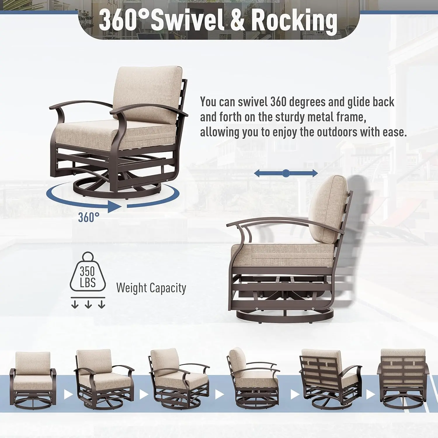 Patio Furniture Set, Outdoor Aluminum Swivel Gliders Rocker, Rocking Chair with Glass Side Table and Thickened Cushions