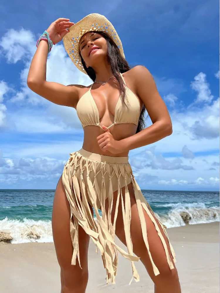 

2025 New Bandage Two-piece Bikini Sexy Women's Halter Solid Swimsuit Hollow Backless Swimwear Tight Push Up Beach Bathing Suit