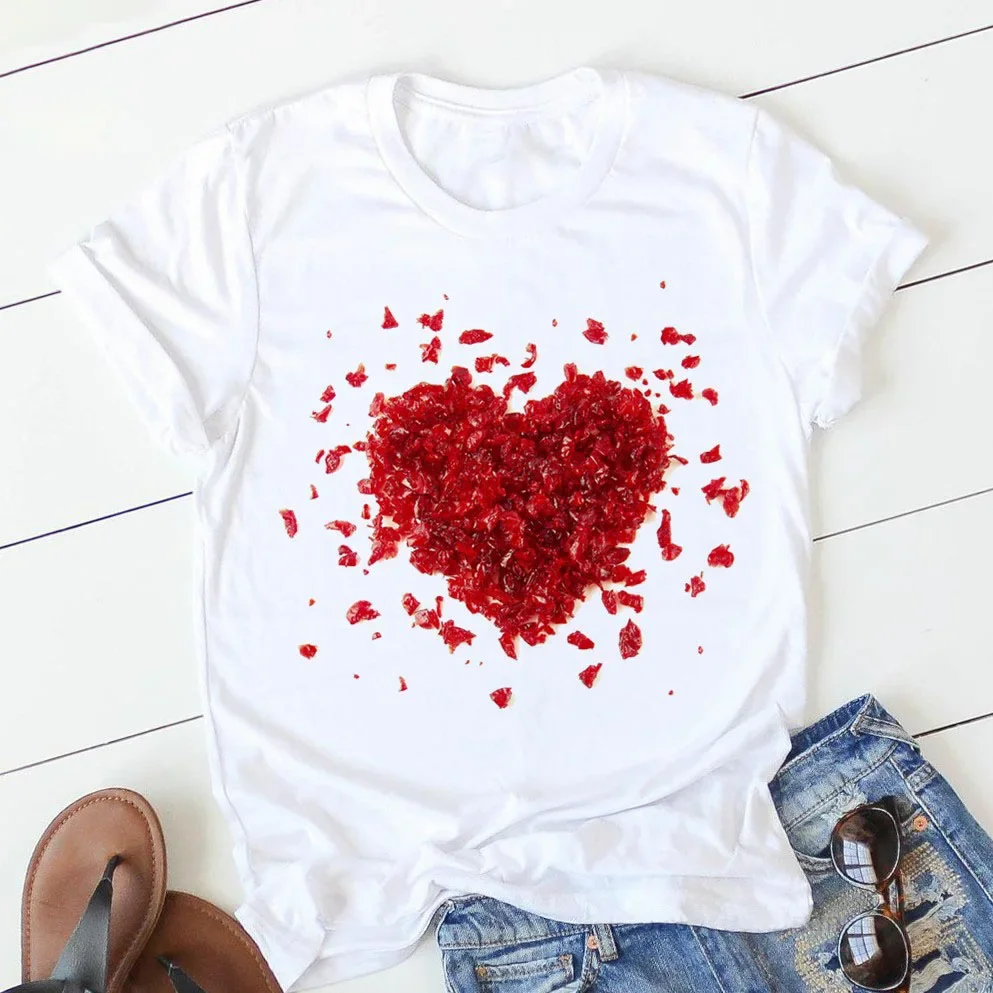 European and American Women's T-shirt Summer Pink Heart Print Basic Round Collar T-shirt Girls Women's Street Summer's soft